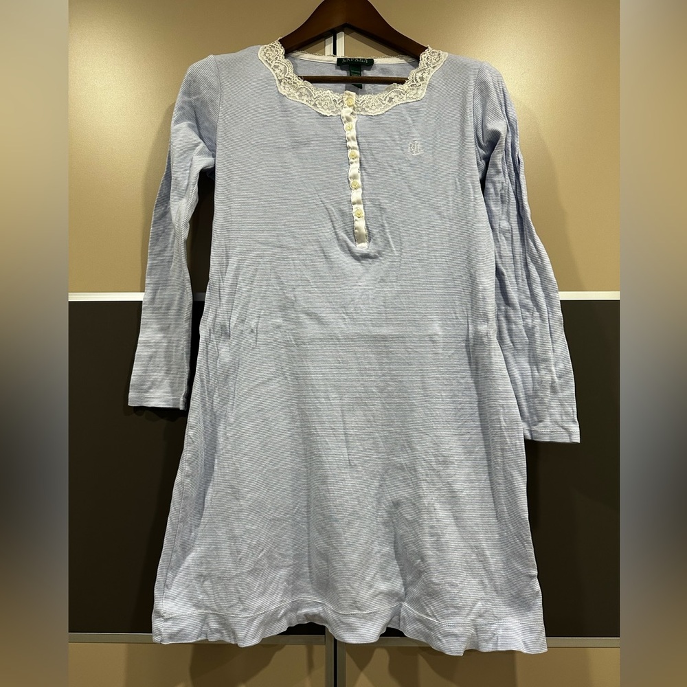 Lauren Ralph Lauren Blue White Stripe Henley Night Gown Pajama Dress Medium M